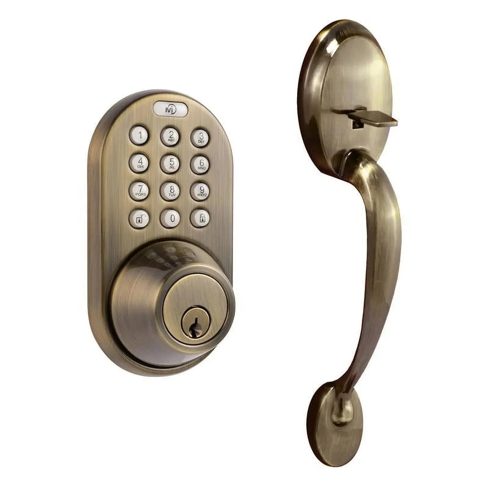 Digital Deadbolt Door Lock and Passage Handleset Combo, Antique Brass Finish with Keyless Entry via Remote Control and Keypad Code for Exterior Doors (BXF-02AQ)