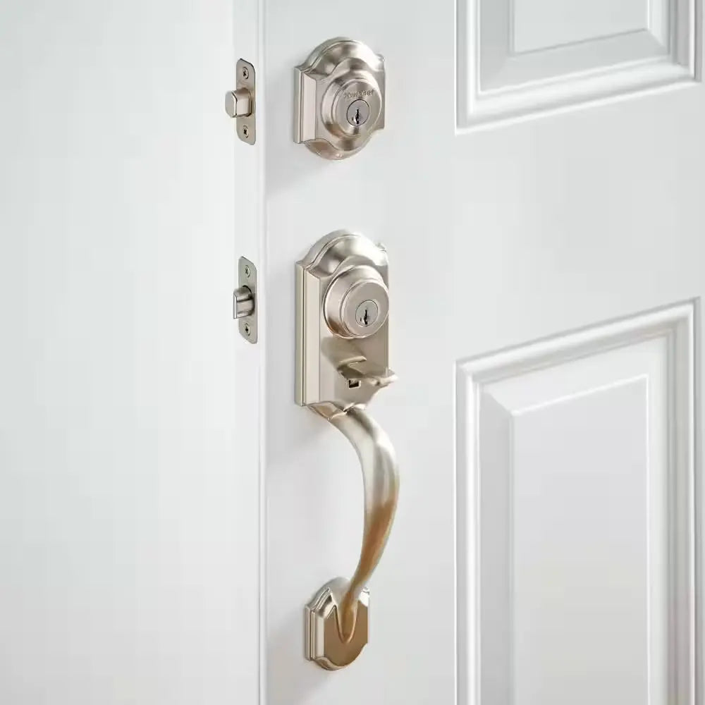 Montara Satin Nickel Single Cylinder Door Handleset with Juno Entry Door Knob Featuring Smartkey Security