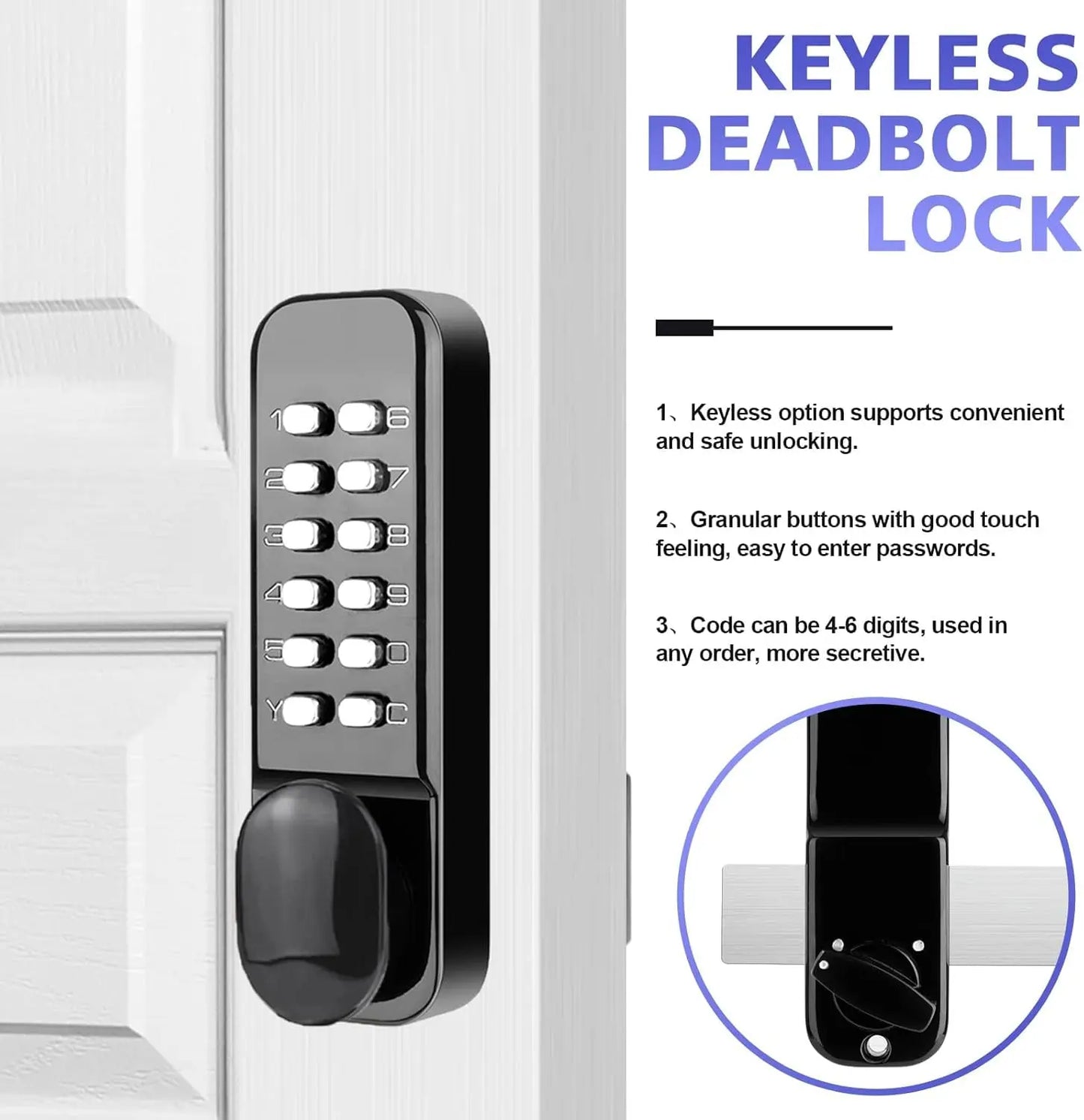 Stainless Steel 100% Mechanical Door Locks with Keypad Door Knob, Waterproof Keyless Entry Door Keypads Deadbolt Lock with Handle, Digital Outdoor Gate Combination Door Locks Set with Keypads (Black)