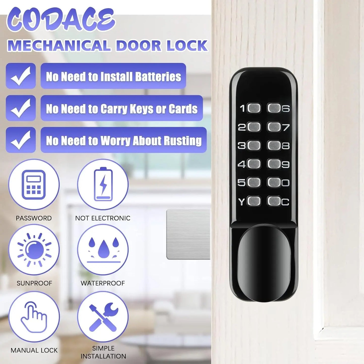Stainless Steel 100% Mechanical Door Locks with Keypad Door Knob, Waterproof Keyless Entry Door Keypads Deadbolt Lock with Handle, Digital Outdoor Gate Combination Door Locks Set with Keypads (Black)