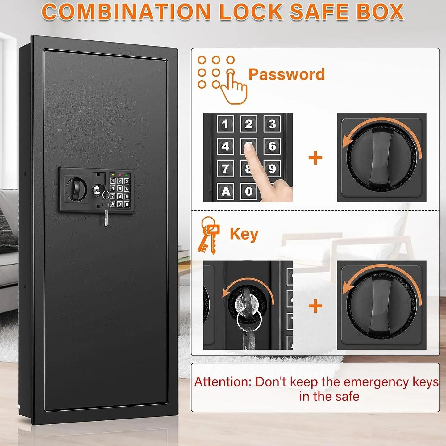 33.46″ Tall Fireproof Wall Safes between the Studs 16″ Centers, Electronic Hidde