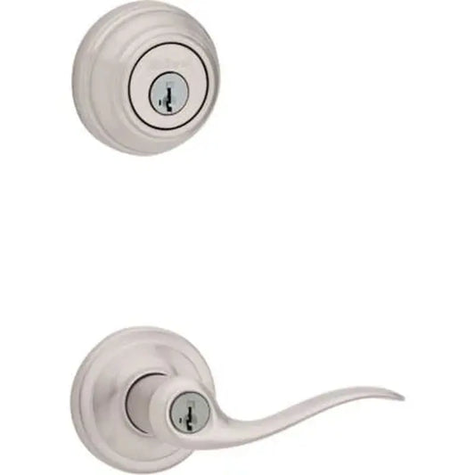 991 Tustin Keyed Door Lever and Sgl Cyl Deadbolt Combo Pack in SN