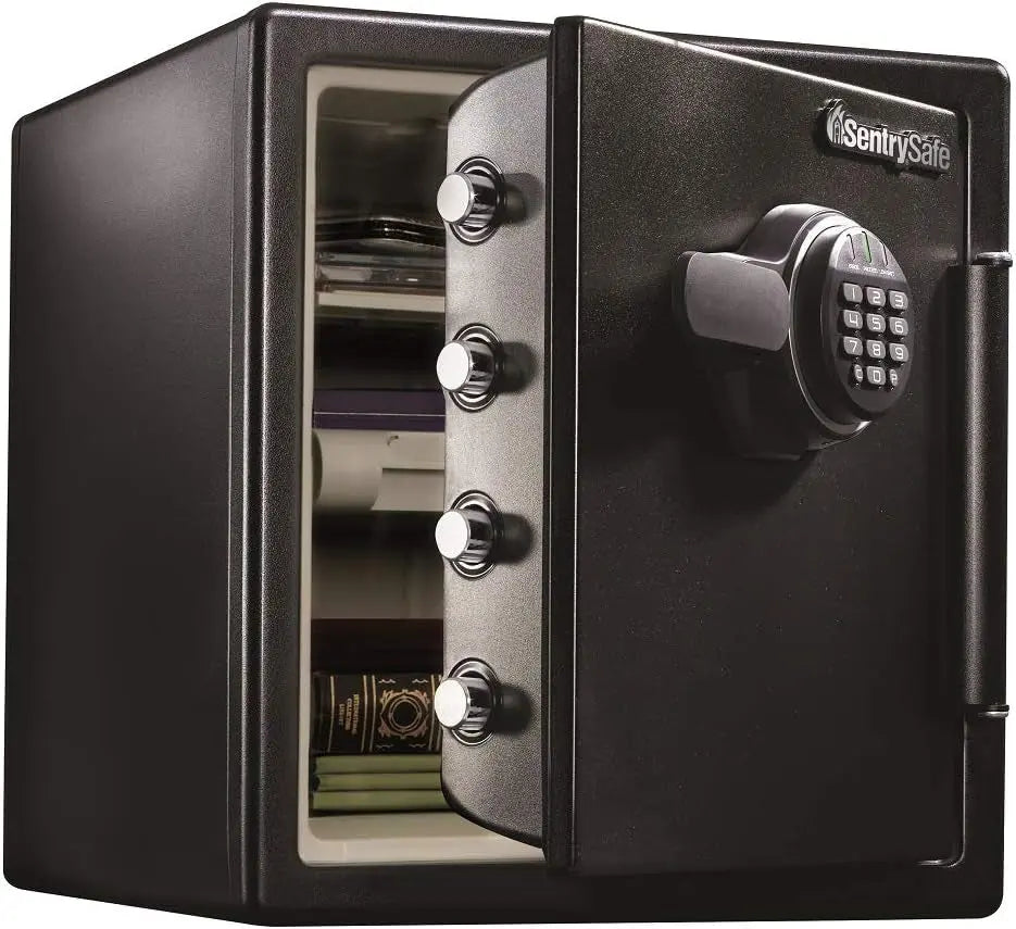 Fireproof and Waterproof Black Steel Home Safe with Digital Keypad Lock and Organization Trays for Money, Documents, 1.23 Cubic Feet, SFW123EU