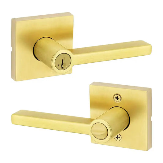 Halifax Square Satin Brass Keyed Entry Door Handle Lever Featuring Smartkey Security