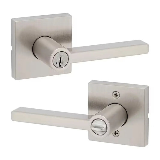 Halifax Square Satin Nickel Keyed Entry Door Handle Lever Featuring Smartkey Security