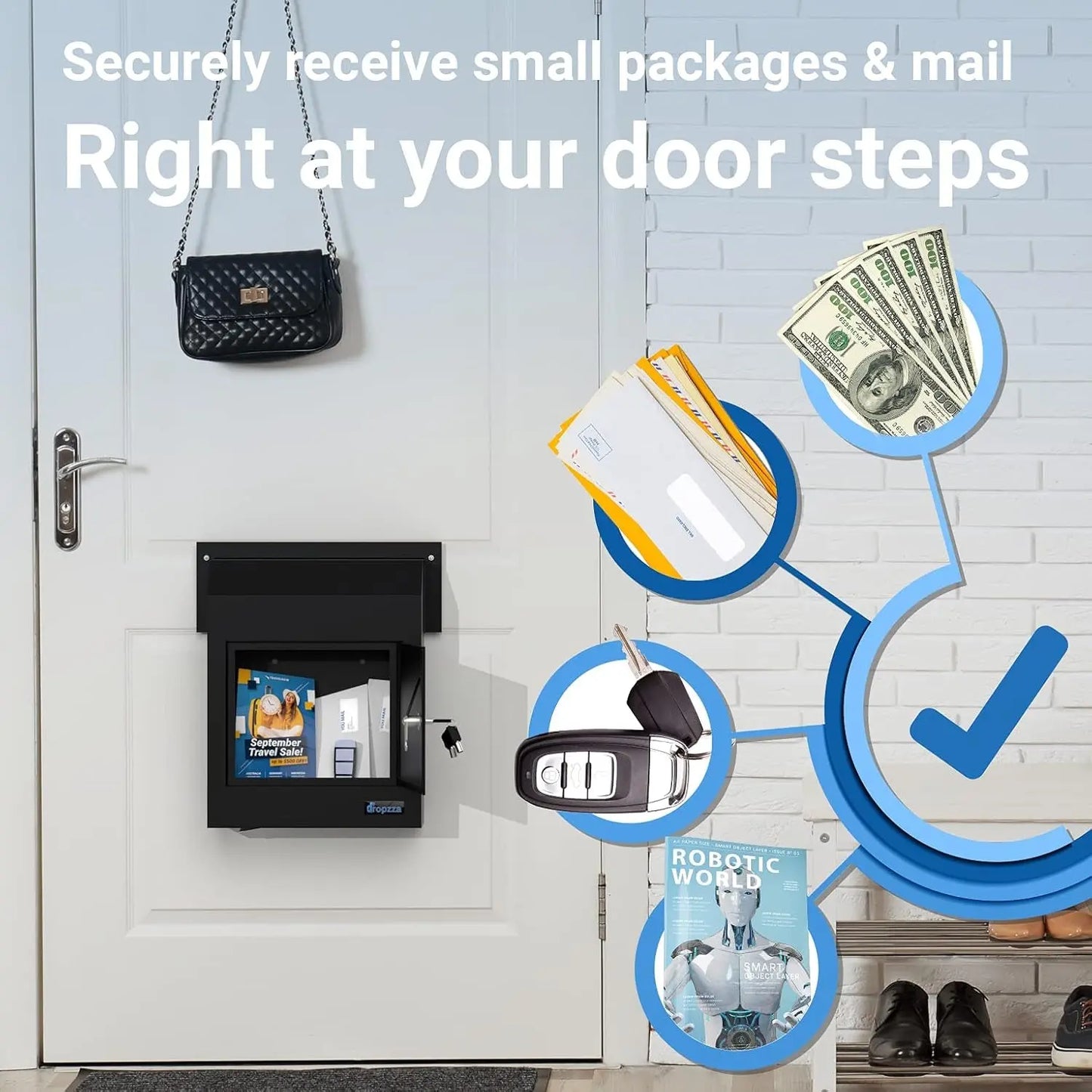 Improved Rainproof Locking Mailbox - Reinforced Through-The-Door Dropbox, Double Steel Door Drop Safe Locked Mailbox with Rubber Mat, Metal Baffle Mail Slot and Rain Protection Key Drop Box