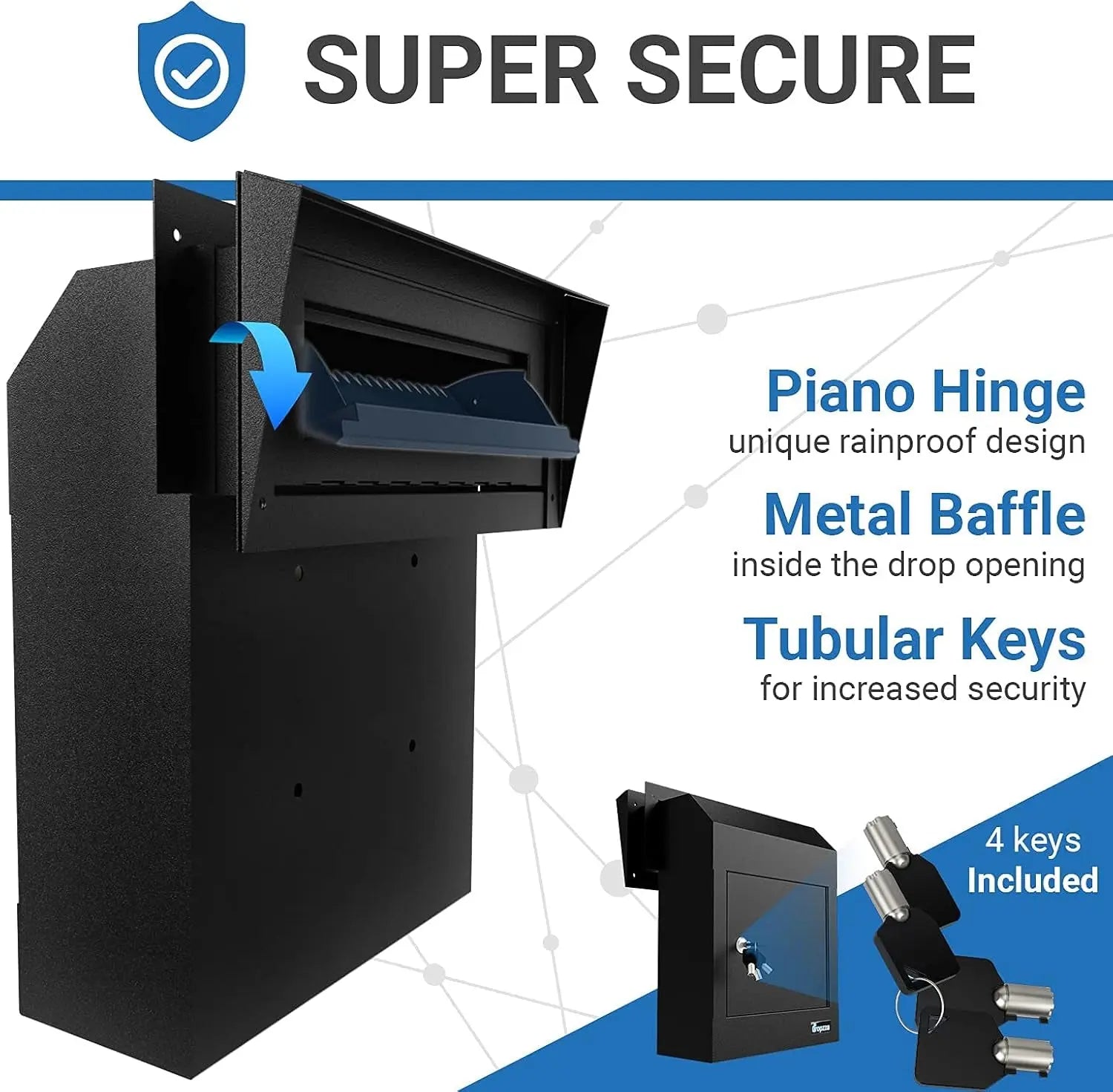 Improved Rainproof Locking Mailbox - Reinforced Through-The-Door Dropbox, Double Steel Door Drop Safe Locked Mailbox with Rubber Mat, Metal Baffle Mail Slot and Rain Protection Key Drop Box