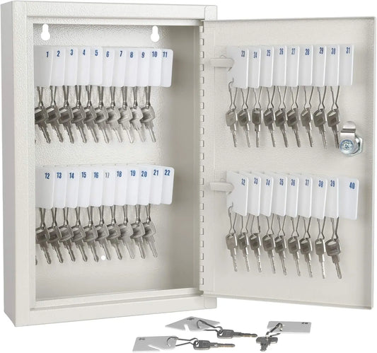 Key Storage Lock Box with Key, Locking Key Cabinet, Key Management Wall Mount with Key Lock,4 0 Key Hooks & Tags Key Labels, 2.5" D X 8.1" W X 12.1" H,White