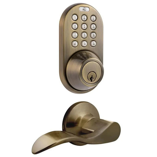 Keyless Entry Deadbolt and Lever Handle Door Lock Combo Pack with Electronic Digital Keypad Antique Brass