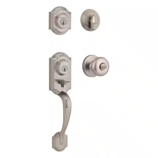 Montara Satin Nickel Single Cylinder Door Handleset with Juno Entry Door Knob Featuring Smartkey Security