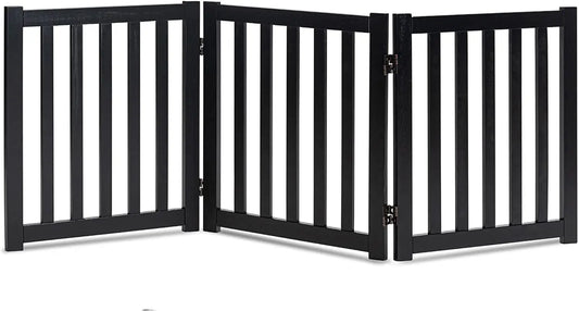 Solid Hardwood Freestanding Pet Gate,Wooden Dog Gates for Doorways,Nature Wood Dog Gates for the House,Dog Gate for Stairs,Freestanding Indoor Gate Safety Fence,Black,24" Height-3 Panels