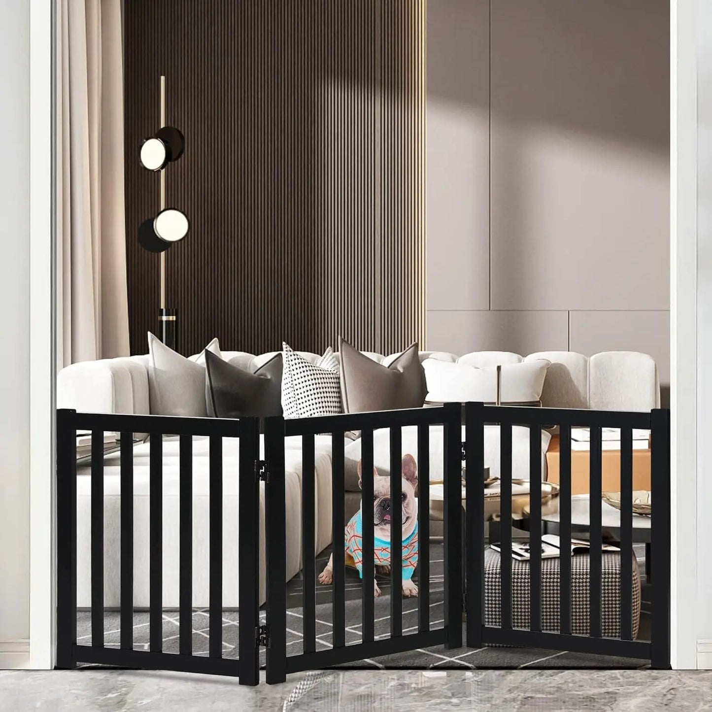 Solid Hardwood Freestanding Pet Gate,Wooden Dog Gates for Doorways,Nature Wood Dog Gates for the House,Dog Gate for Stairs,Freestanding Indoor Gate Safety Fence,Black,24" Height-3 Panels