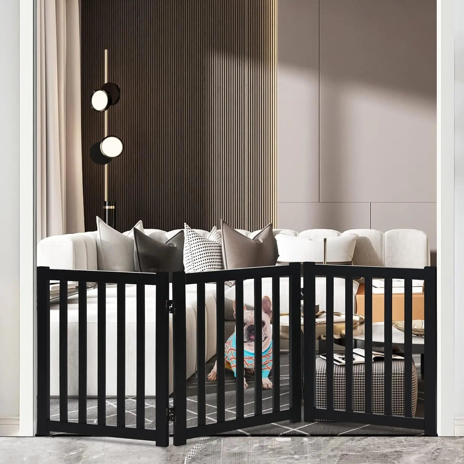 Solid Hardwood Freestanding Pet Gate,Wooden Dog Gates for Doorways,Nature Wood Dog Gates for the House,Dog Gate for Stairs,Freestanding Indoor Gate Safety Fence,Black,24" Height-3 Panels