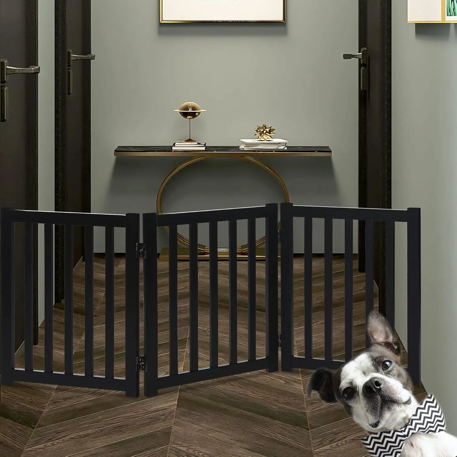 Solid Hardwood Freestanding Pet Gate,Wooden Dog Gates for Doorways,Nature Wood Dog Gates for the House,Dog Gate for Stairs,Freestanding Indoor Gate Safety Fence,Black,24" Height-3 Panels