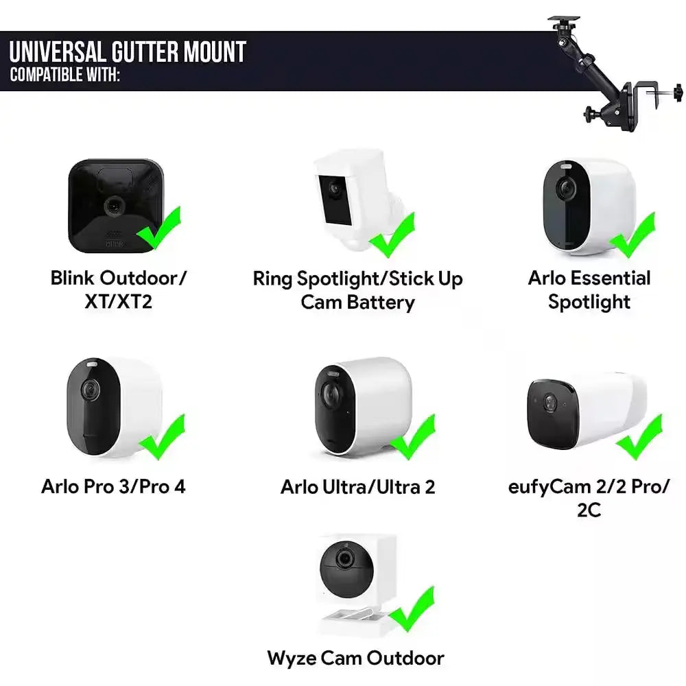 Universal Gutter Mount for Wyze, Blink, Ring, Arlo, Eufy Camera (Black) - Mount Your Security Cam and Solar Panel