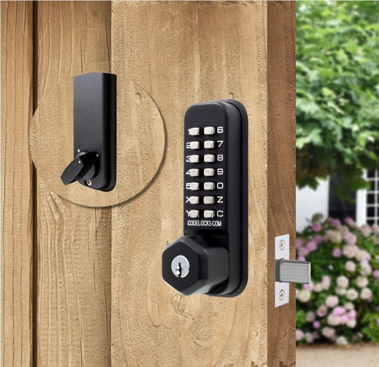 CodeLocks CL210 mechanical keypad deadbolt with key override on a wood gate