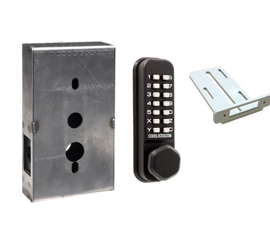 CodeLocks gate box kit contents: weld-on box, keypad lock and latch bracket