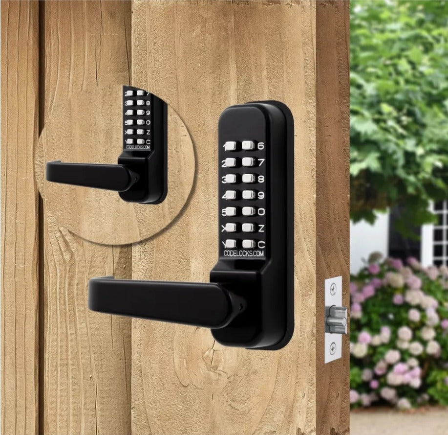 CodeLocks CL410 marine black mechanical keypad lever lock on a wood gate