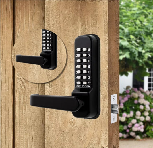 CodeLocks CL410 marine black mechanical keypad lever lock on a wood gate