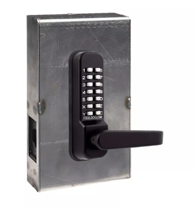 CodeLocks CL410 black marine keypad lever lock in a weldable gate box