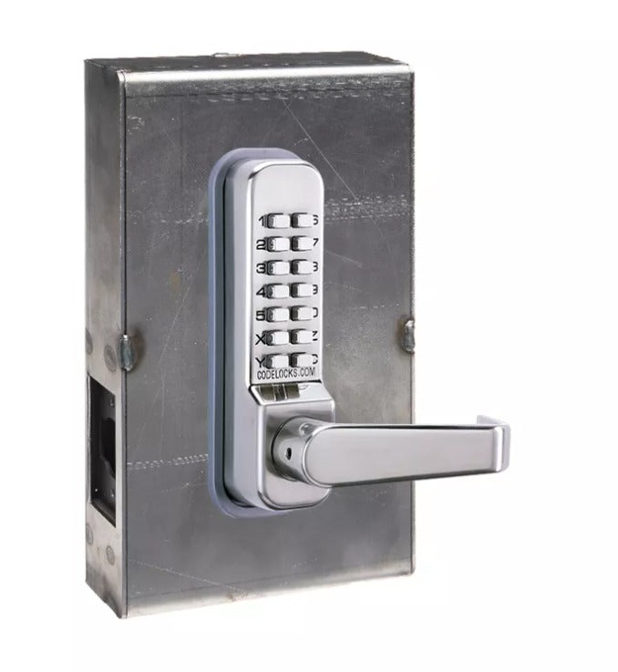 CodeLocks CL410 stainless keypad lever lock in a weldable gate box