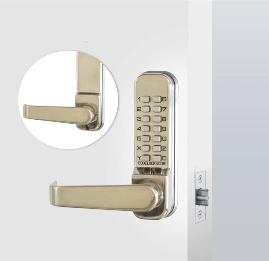 CodeLocks CL410 stainless steel keypad lever lock on a door