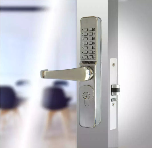 CodeLocks CL460 narrow stile keypad lever lock on an aluminum door